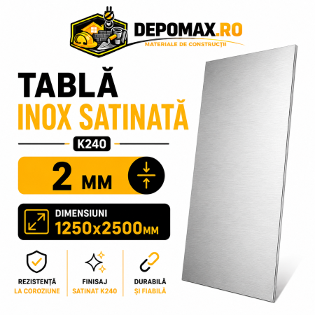 Tabla inox satinata K240 AISI 304/304L, 2 x 1250 x 2500 mm, 3.125 mp